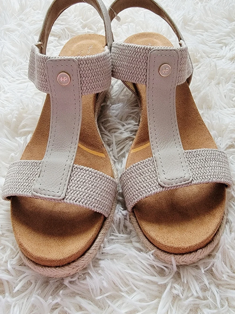 New Hush Puppies Neutral Woven T-Strap Wedge Sandals - Women